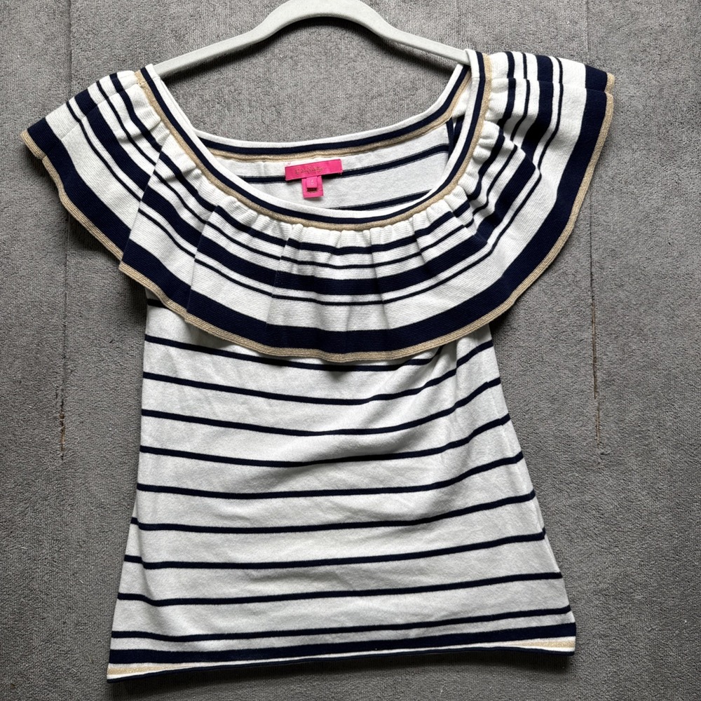 Lilly Pulitzer Off Shoulder Top Small Blue White Striped Nautical Fold Trim